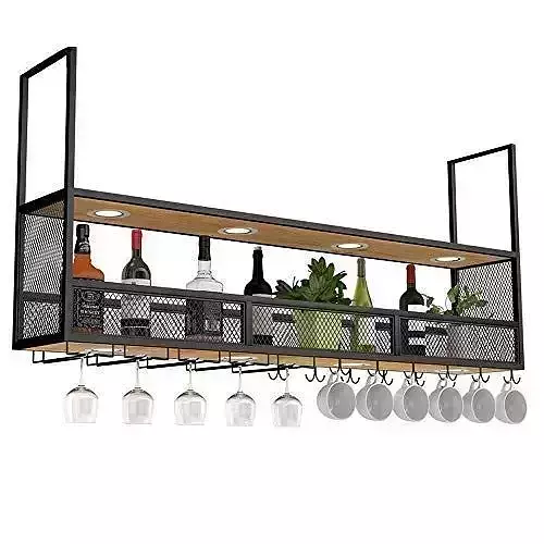 celsoia wine rack with bottles and glasses hanging