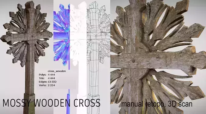 Mossy Wooden cross Low-poly 3D model