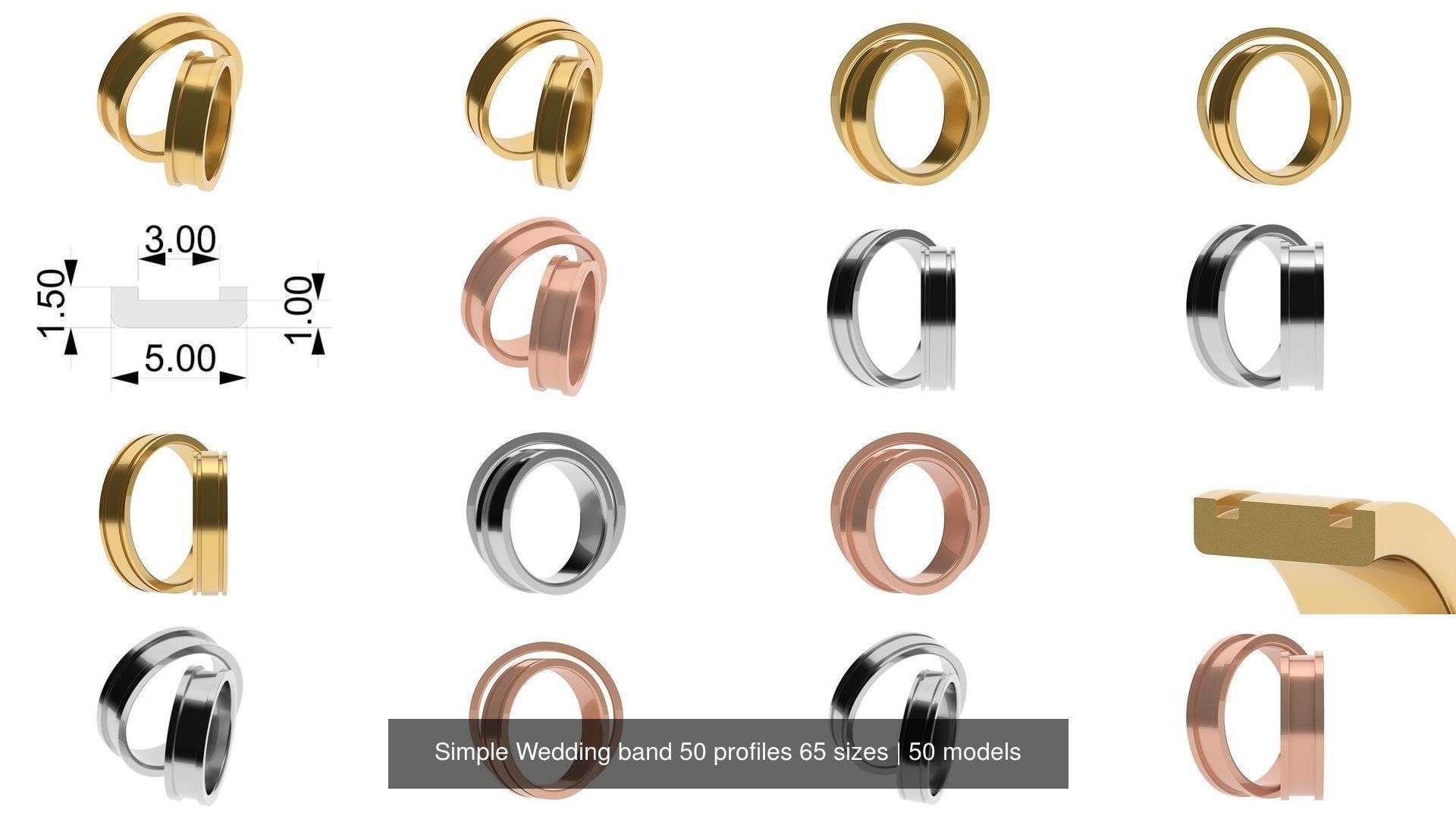 Simple Wedding band 50 profiles 65 sizes 3D Model Collection_6