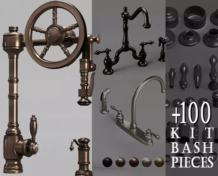 6 Waterstone and Kingston Faucets and 100 Kitbash pieces  Vol1 3D model_0