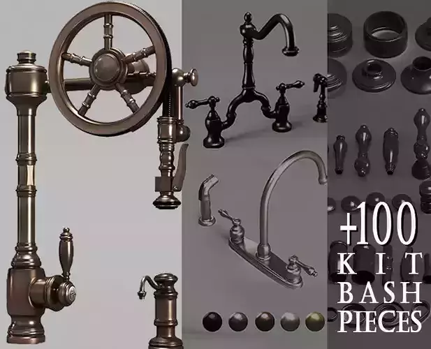 6 Waterstone and Kingston Faucets and 100 Kitbash pieces  Vol1 3D model
