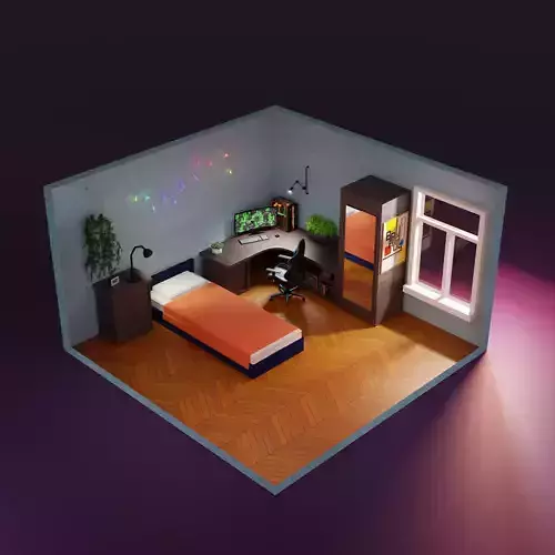 Bedroom low poly with desk and bed