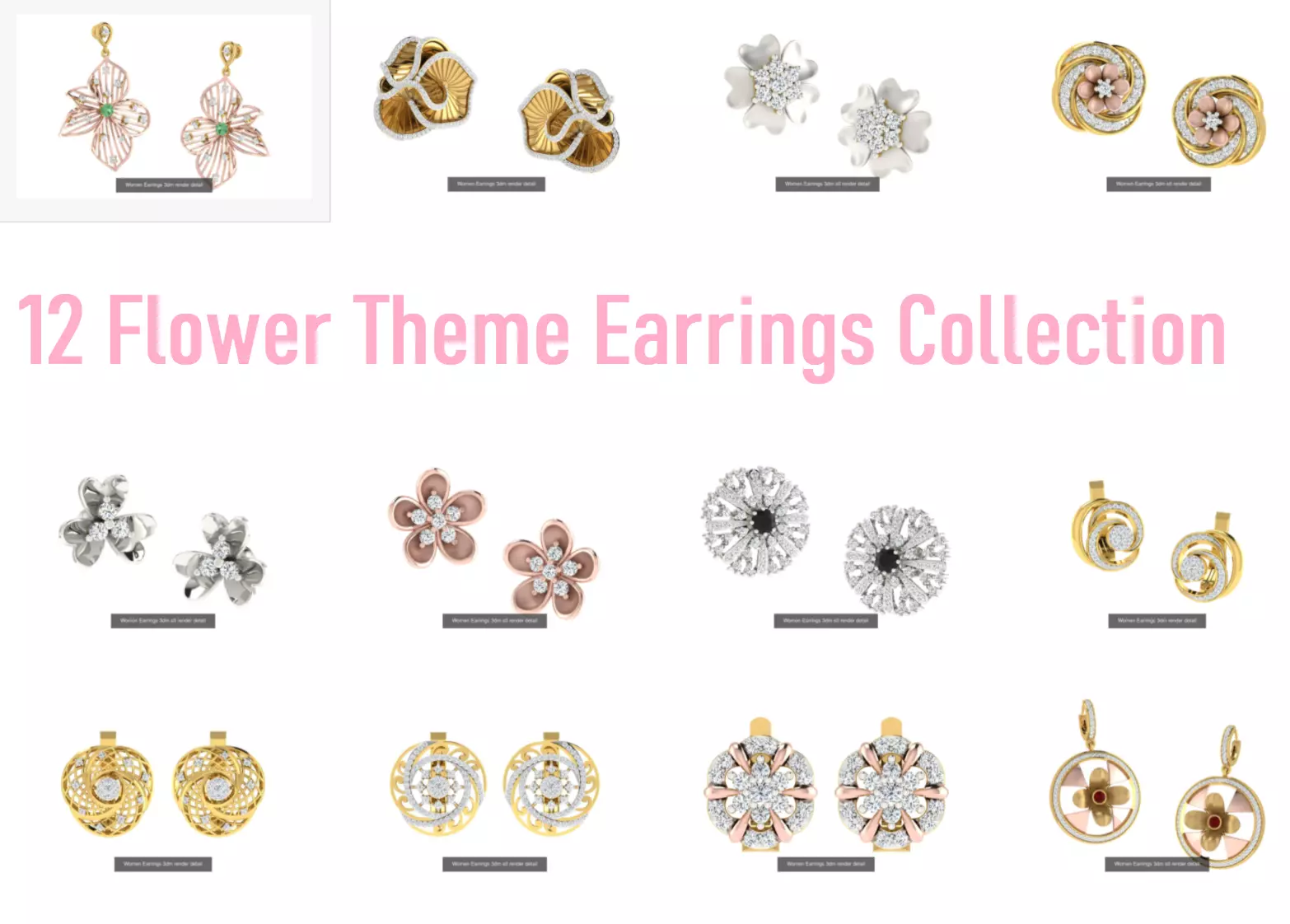 12 Flower Theme Earrings 3dm renders details 3D Model Collection_0
