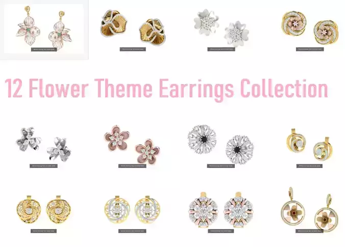 12 Flower Theme Earrings 3dm renders details 3D Model Collection