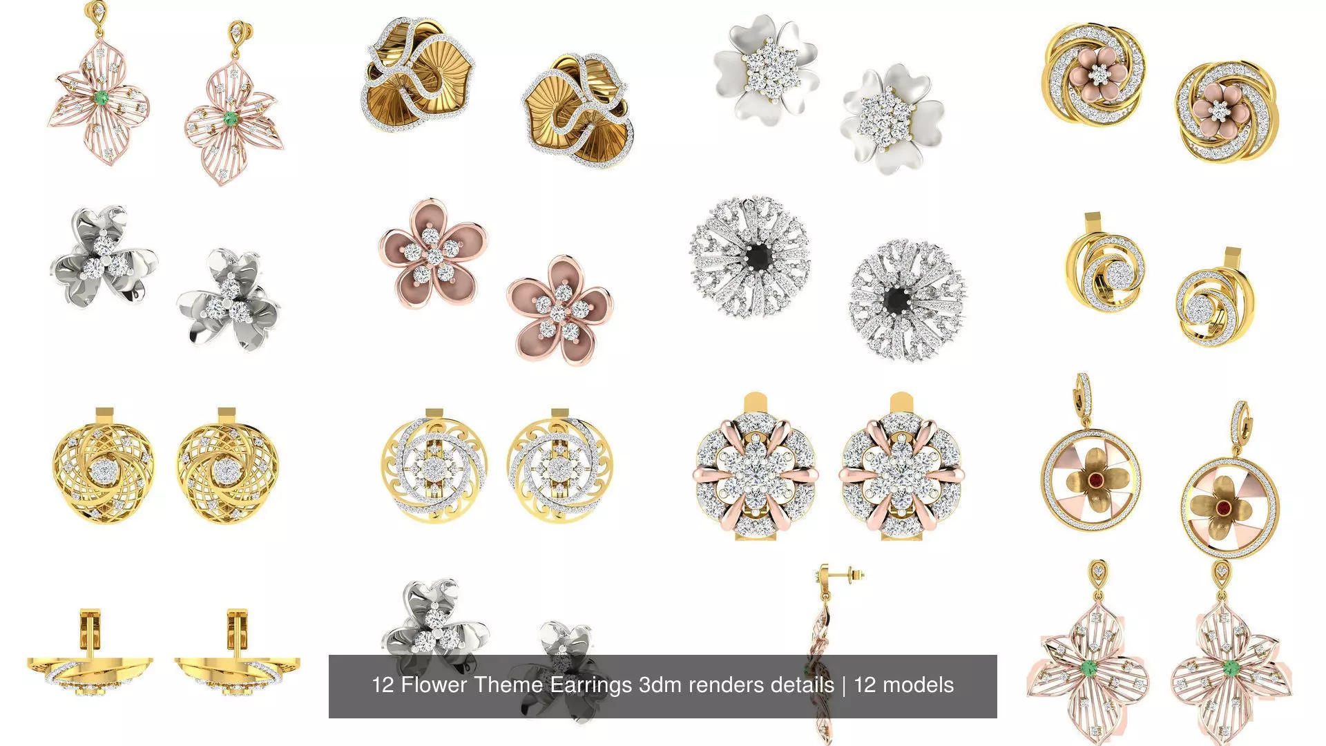 12 Flower Theme Earrings 3dm renders details 3D Model Collection_1