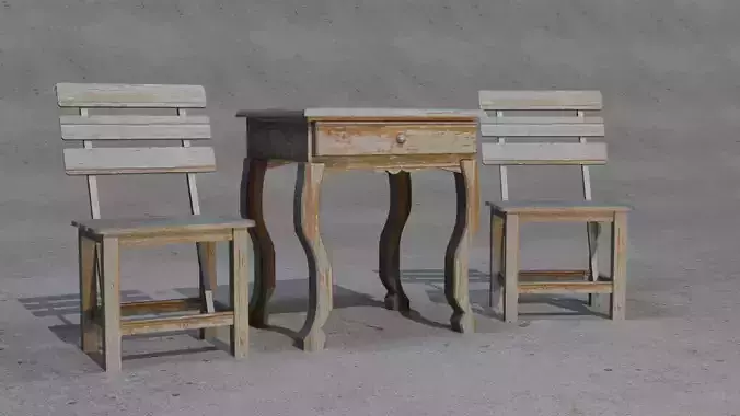 Realistic Old Vintage Wooden Chair and Table