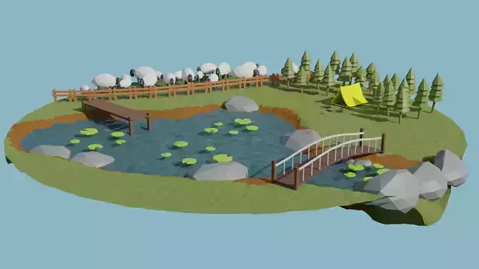 island with bridge and pond