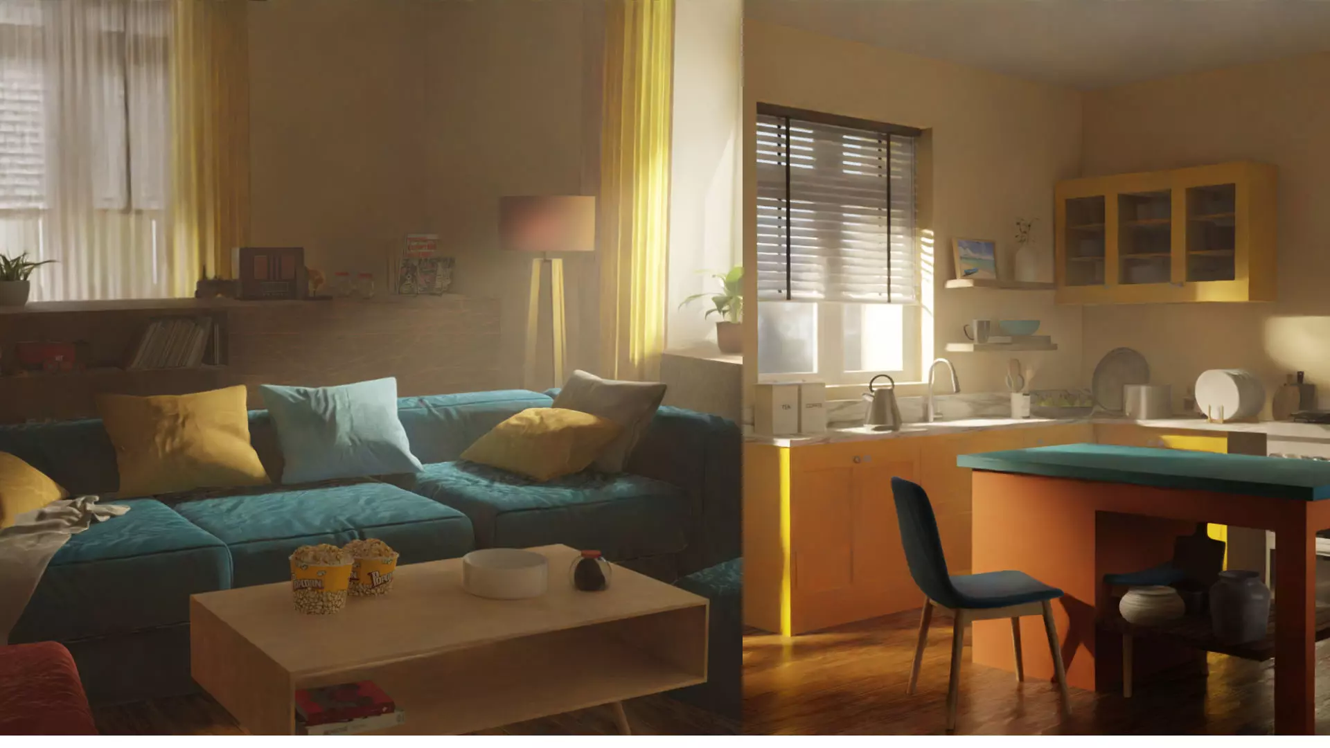 Cinematic TVC Living Room and Kitchen Set Scene - Blender 3D model_0