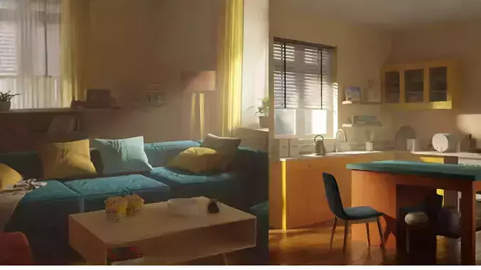 Cinematic TVC Living Room and Kitchen Set Scene - Blender 3D model