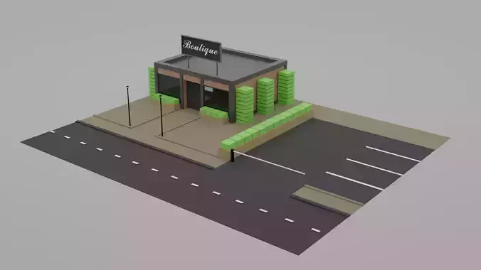 Low Poly Boutique coffee shop on side of road