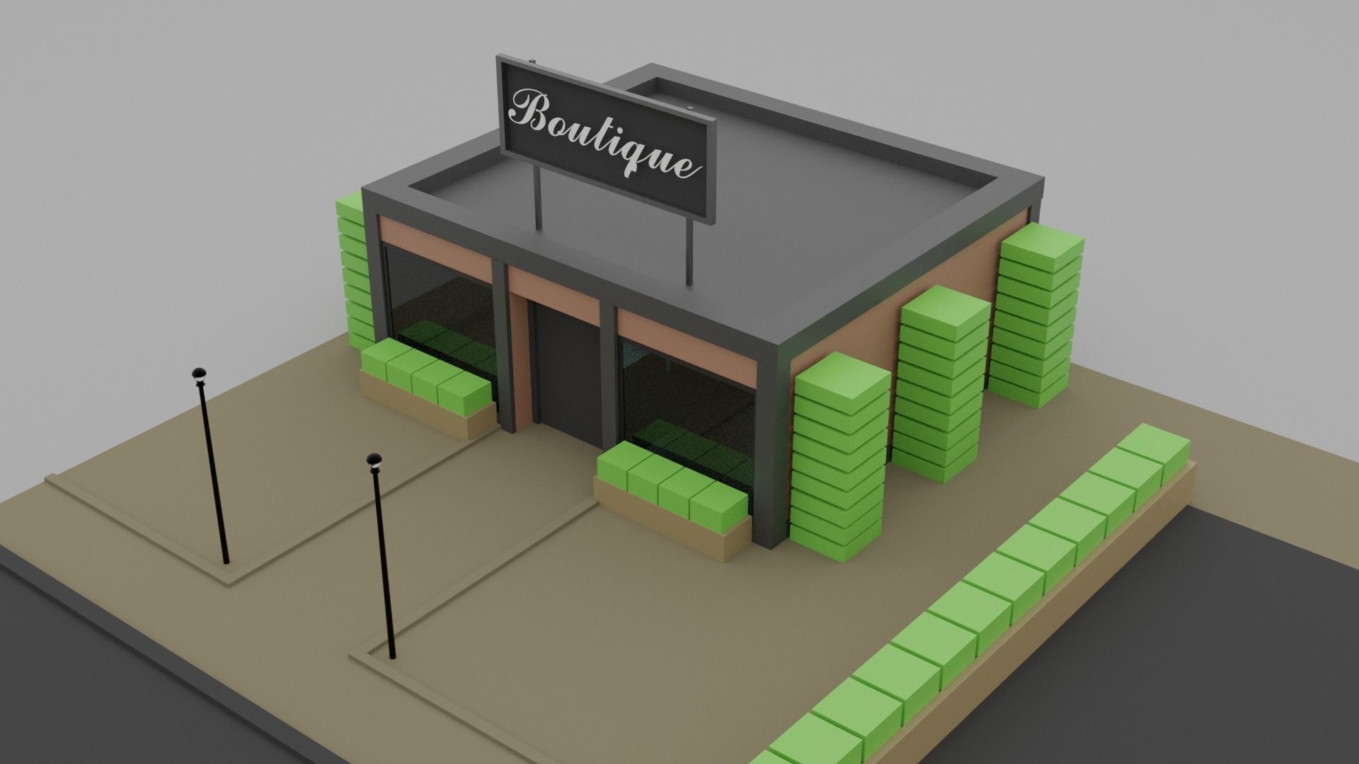 Low Poly Boutique coffee shop on side of road Low-poly 3D model_4
