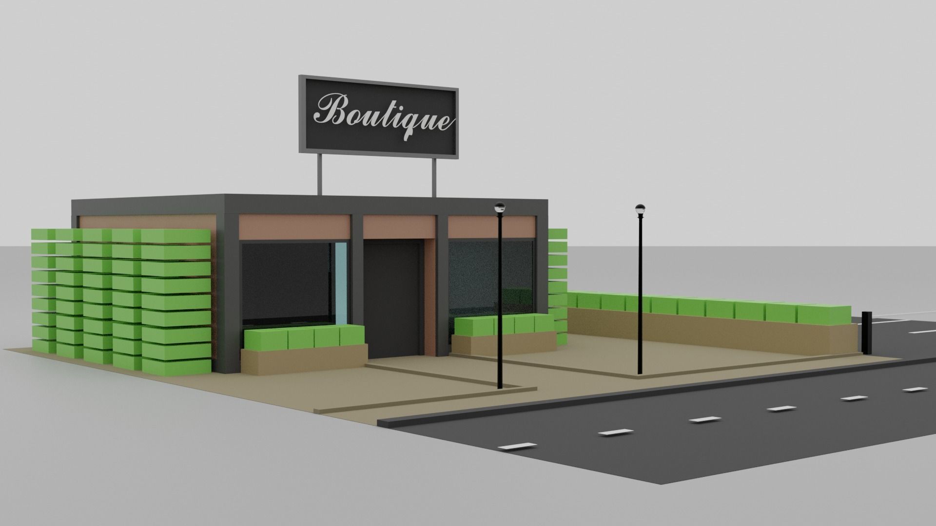 Low Poly Boutique coffee shop on side of road Low-poly 3D model_3