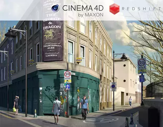 Redshift - C4D Scene files - Old London Pub Exterior 3D model