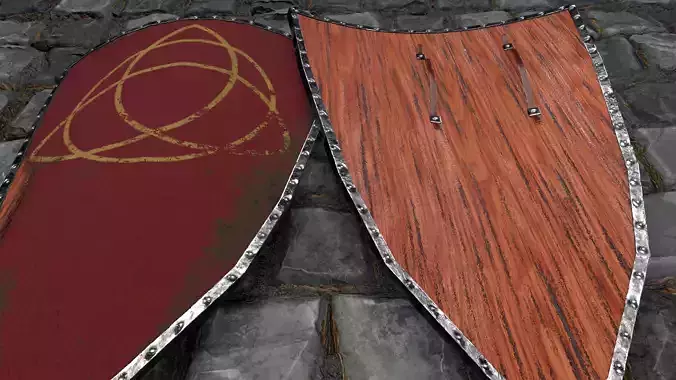 Medieval round shield with a  cross and genuine leather straps Low-poly 3D model