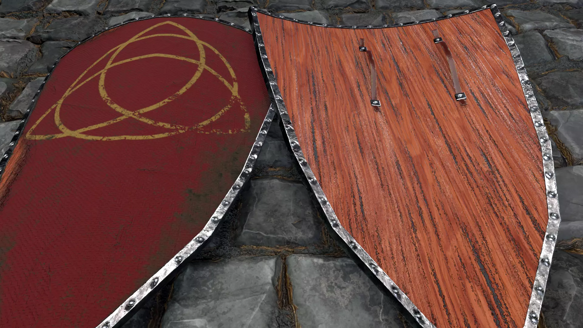 Medieval round shield with a  cross and genuine leather straps Low-poly 3D model_0