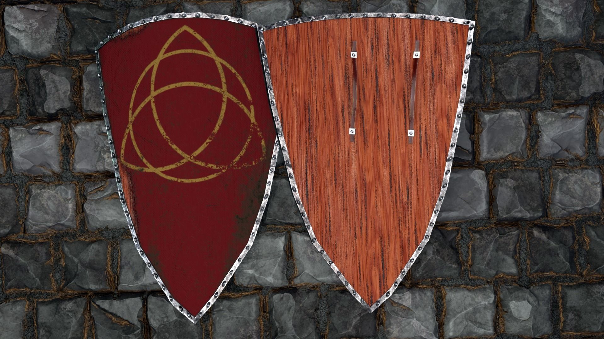 Medieval round shield with a  cross and genuine leather straps Low-poly 3D model_1