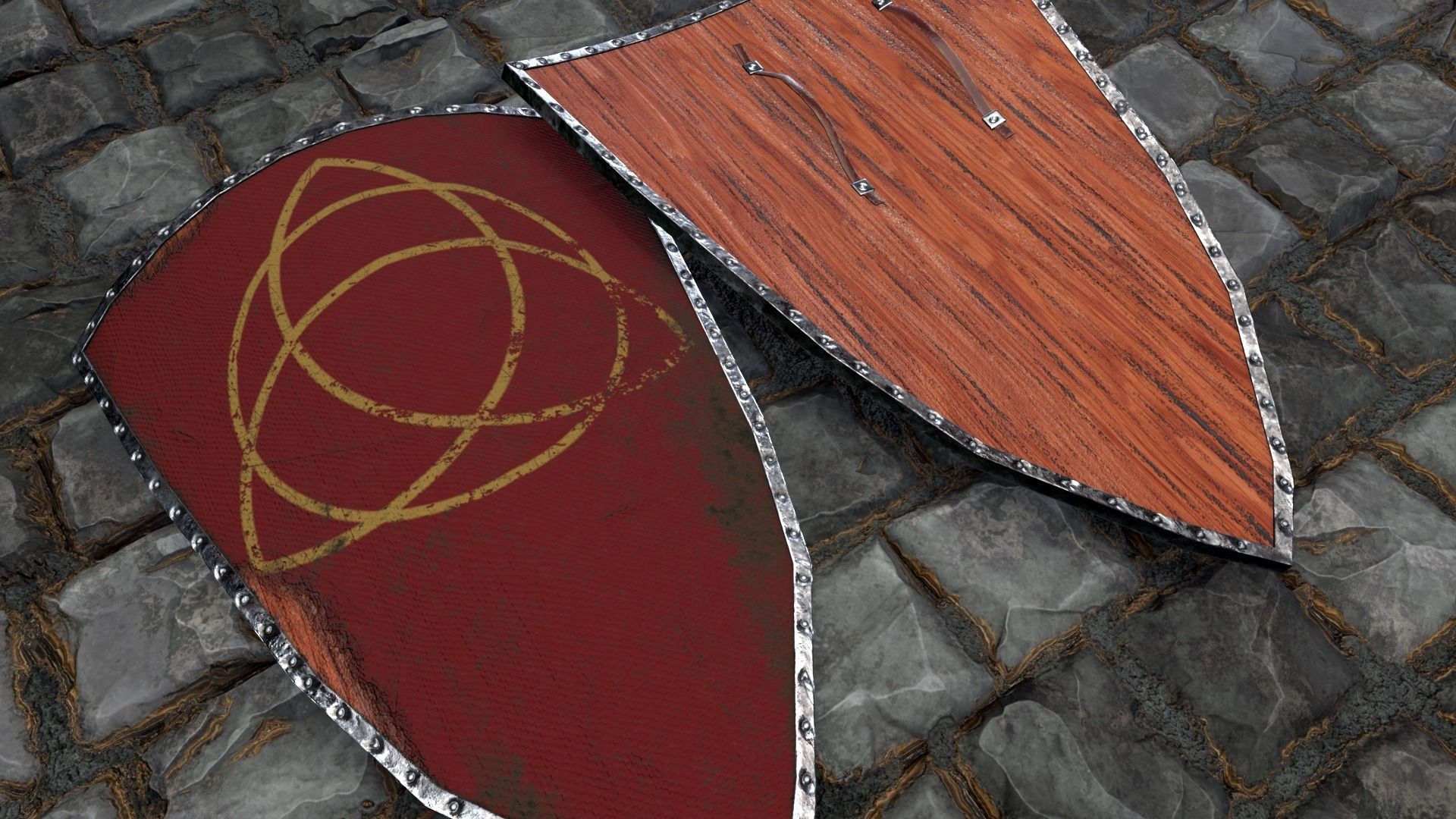 Medieval round shield with a  cross and genuine leather straps Low-poly 3D model_2