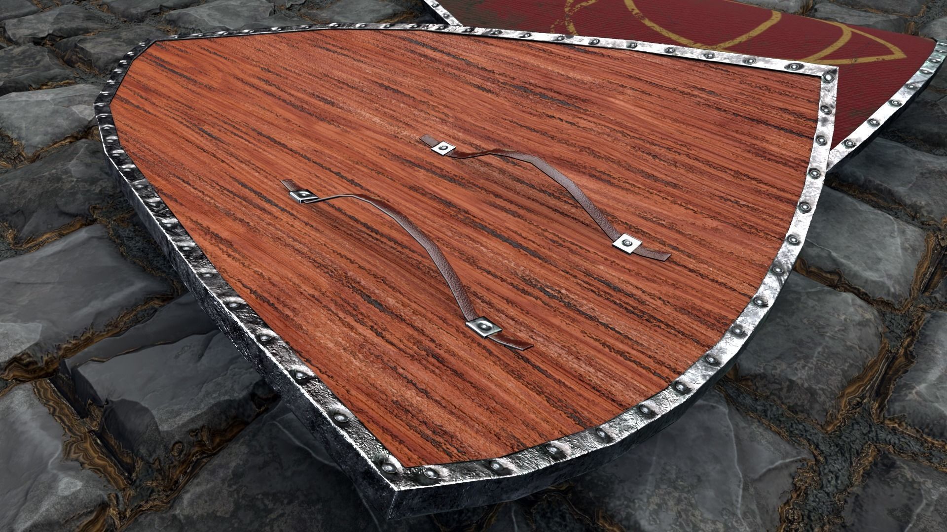 Medieval round shield with a  cross and genuine leather straps Low-poly 3D model_3