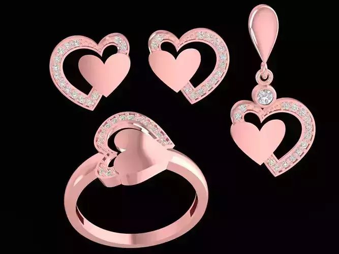 set diamond heart ring earrings and pendant 2624