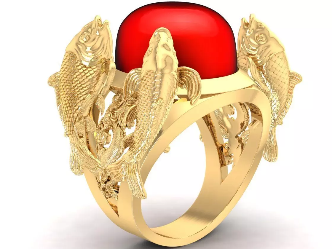 Luxury Fengshui Koi Fish Red Gemstone Men Ring 2635 3D print model