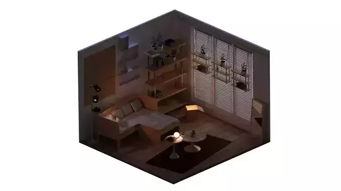 Isometric Minimal living room during night
