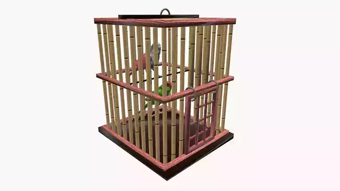 Parakeets in cage Low-poly 3D model
