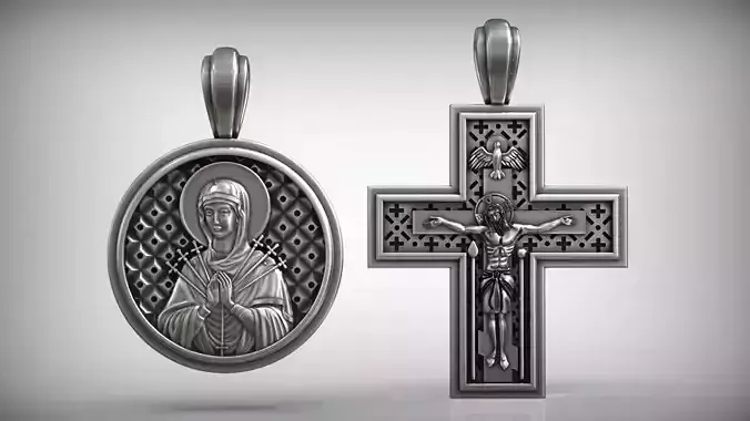 Virgin Mary Seven Arrow Pendant and Crucifix Jesus Christ Cross 