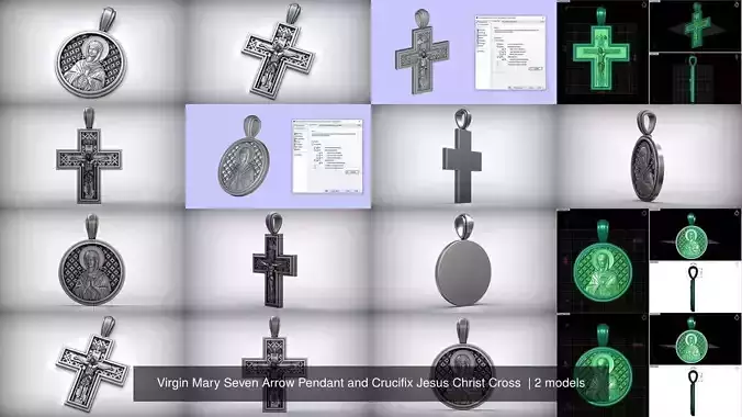 Virgin Mary Seven Arrow Pendant and Crucifix Jesus Christ Cross 