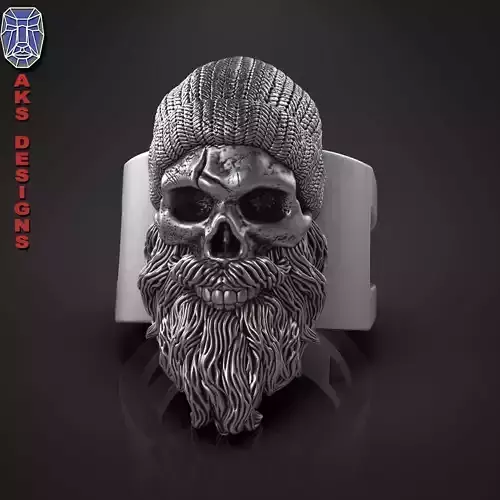 skull Ring jewelry Bearded skull with cap version1 3D print model