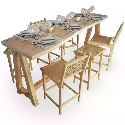 Wood And Rope Table And Stools Set AtelierS