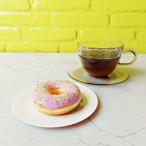 Donut on plate with cup of tea 3D model