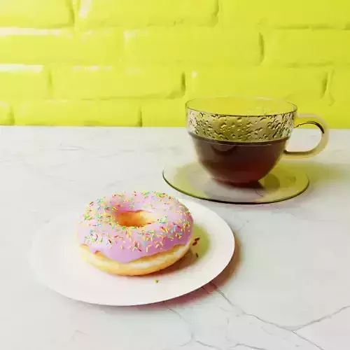 Donut on plate with cup of tea