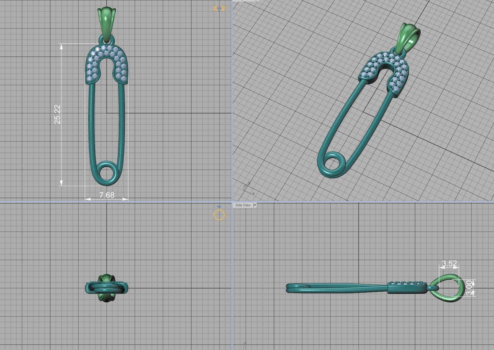 Safety Pin Diamond Necklace Pendant printable 3dmodel 3D print model_9