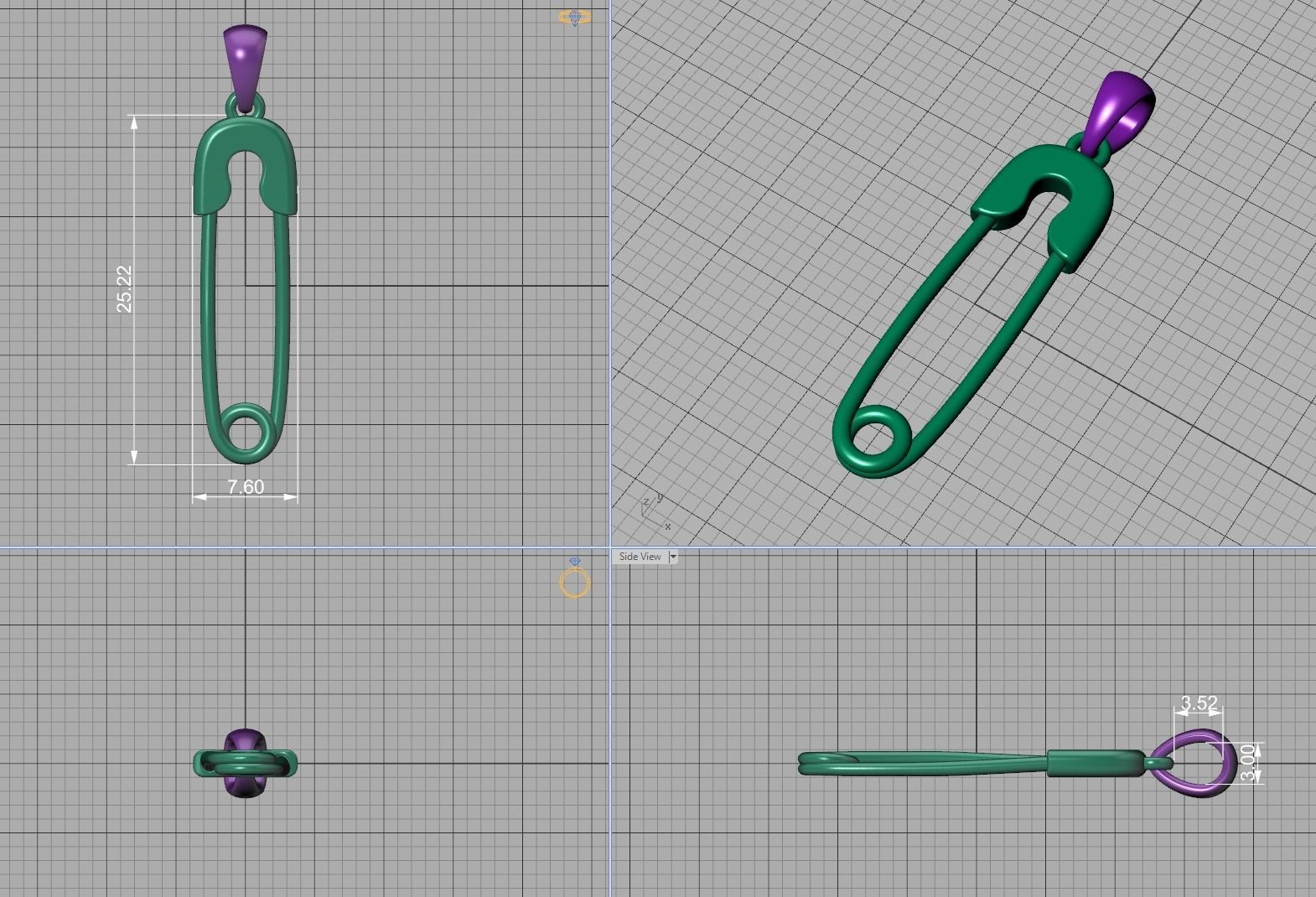 Safety Pin Diamond Necklace Pendant printable 3dmodel 3D print model_10