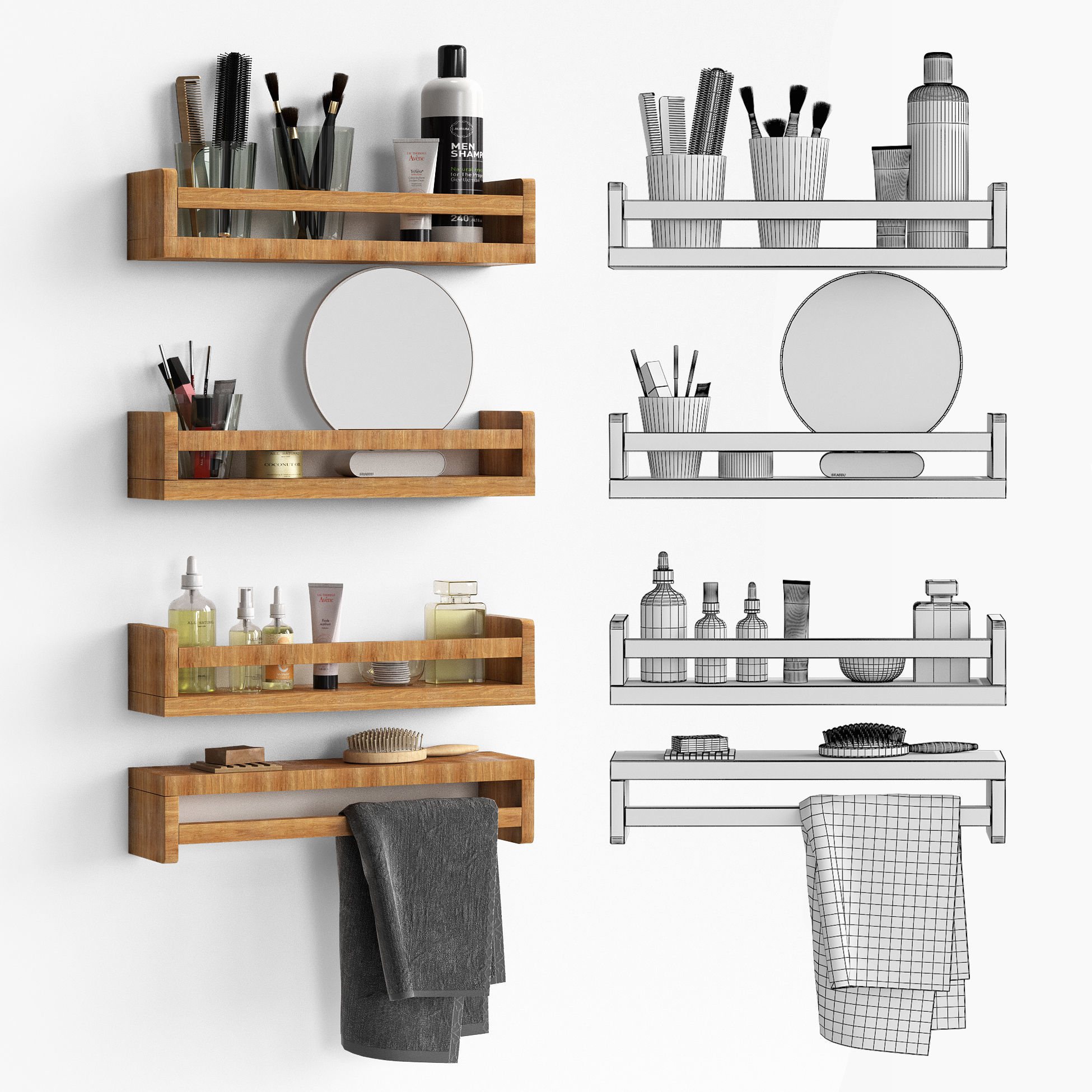 Bathroom-set2 wooden shelf with towels 3D model_2