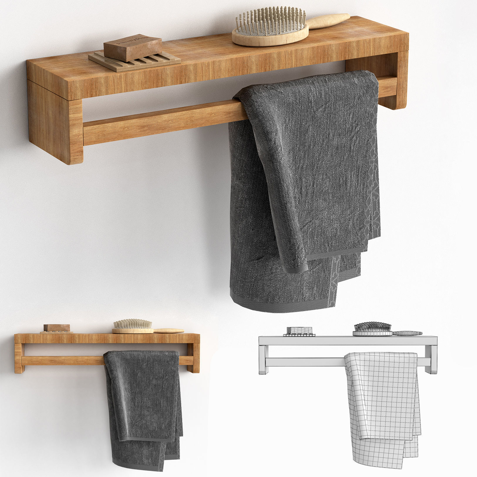 Bathroom-set2 wooden shelf with towels 3D model_5