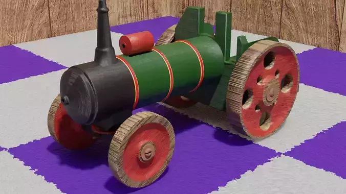 Old Painted Wooden Toy Tractor