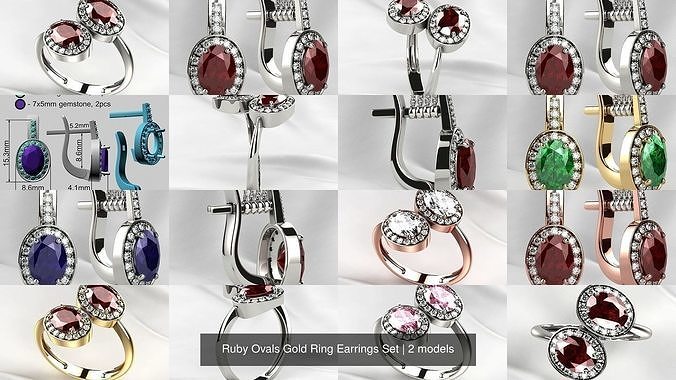 Ruby Ovals Gold Ring Earrings Set 3D Model Collection