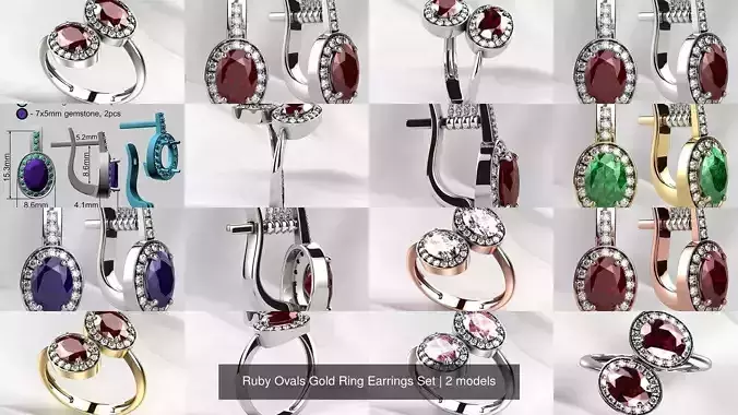 Ruby Ovals Gold Ring Earrings Set