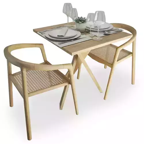 Wood And Rattan Table And Chairs Set AtelierS