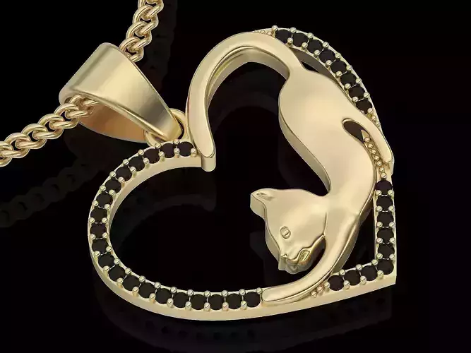 cat heart pendant silver printable 3D model
