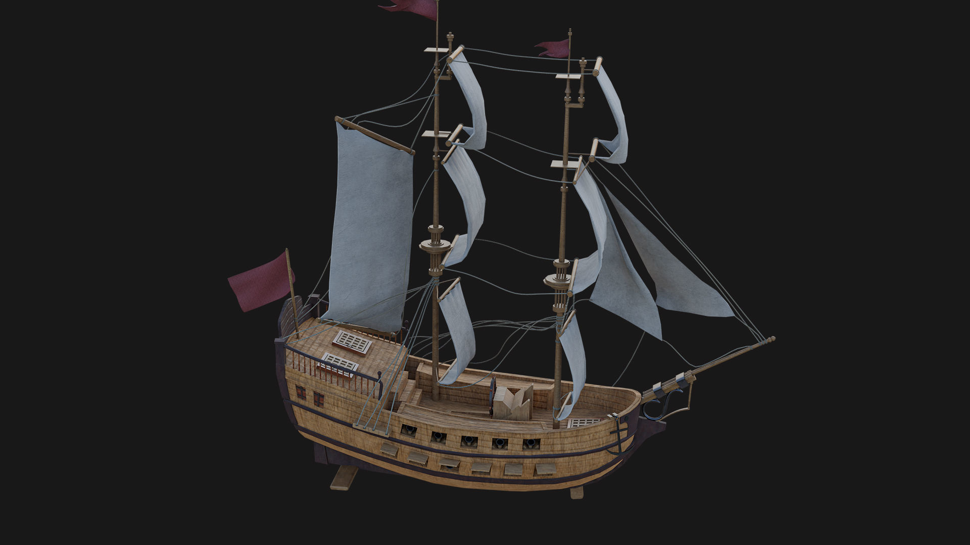 Sail Ship with Canon Animated Low-poly 3D model_9