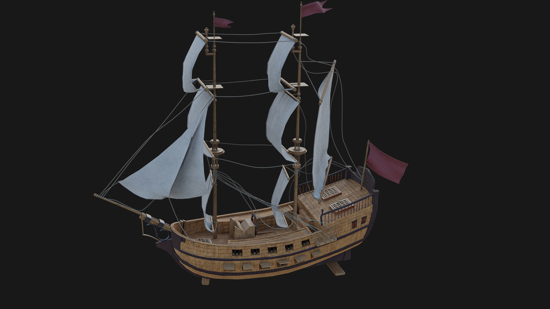 Sail Ship with Canon Animated Low-poly 3D model_1
