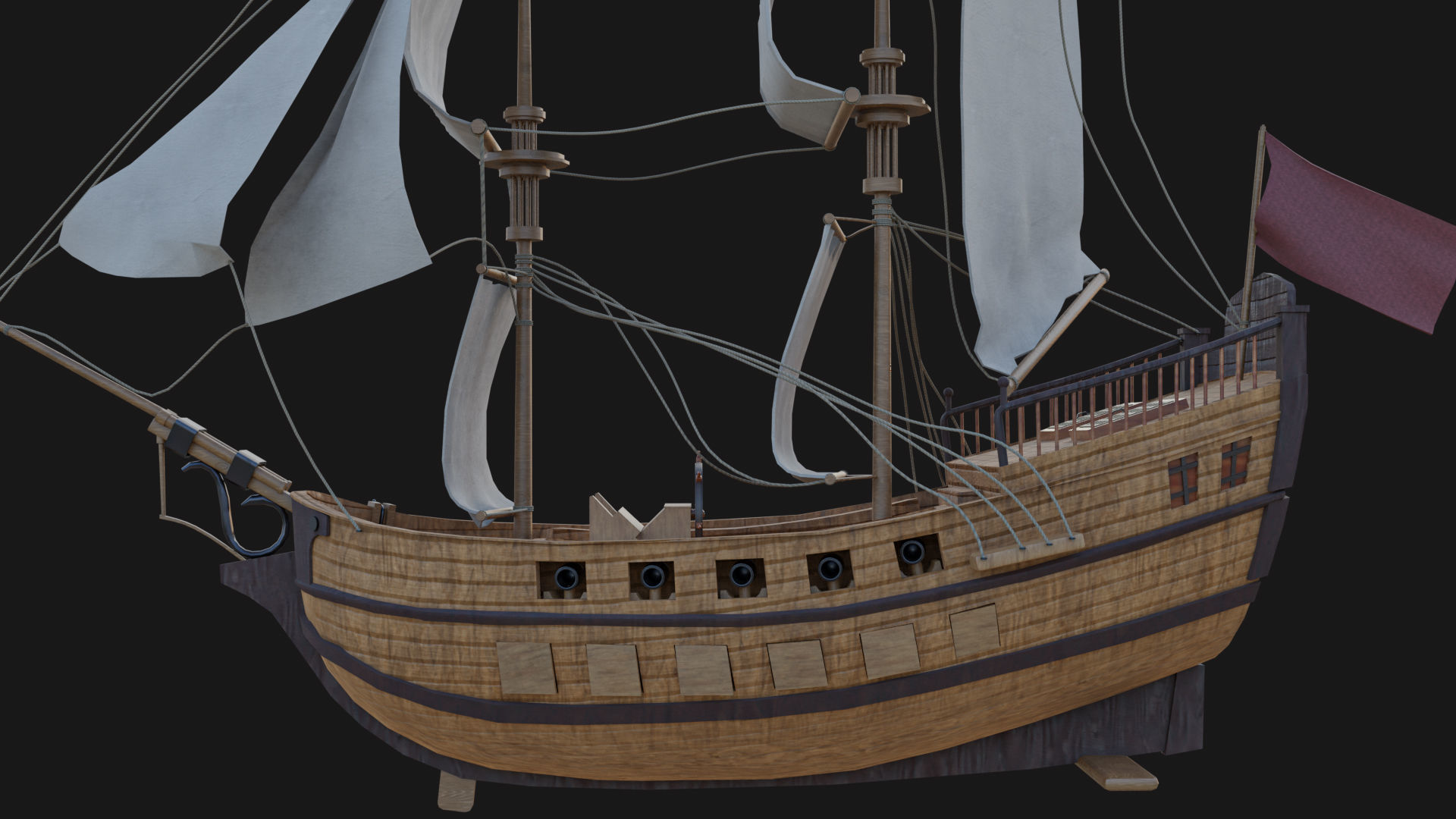 Sail Ship with Canon Animated Low-poly 3D model_4