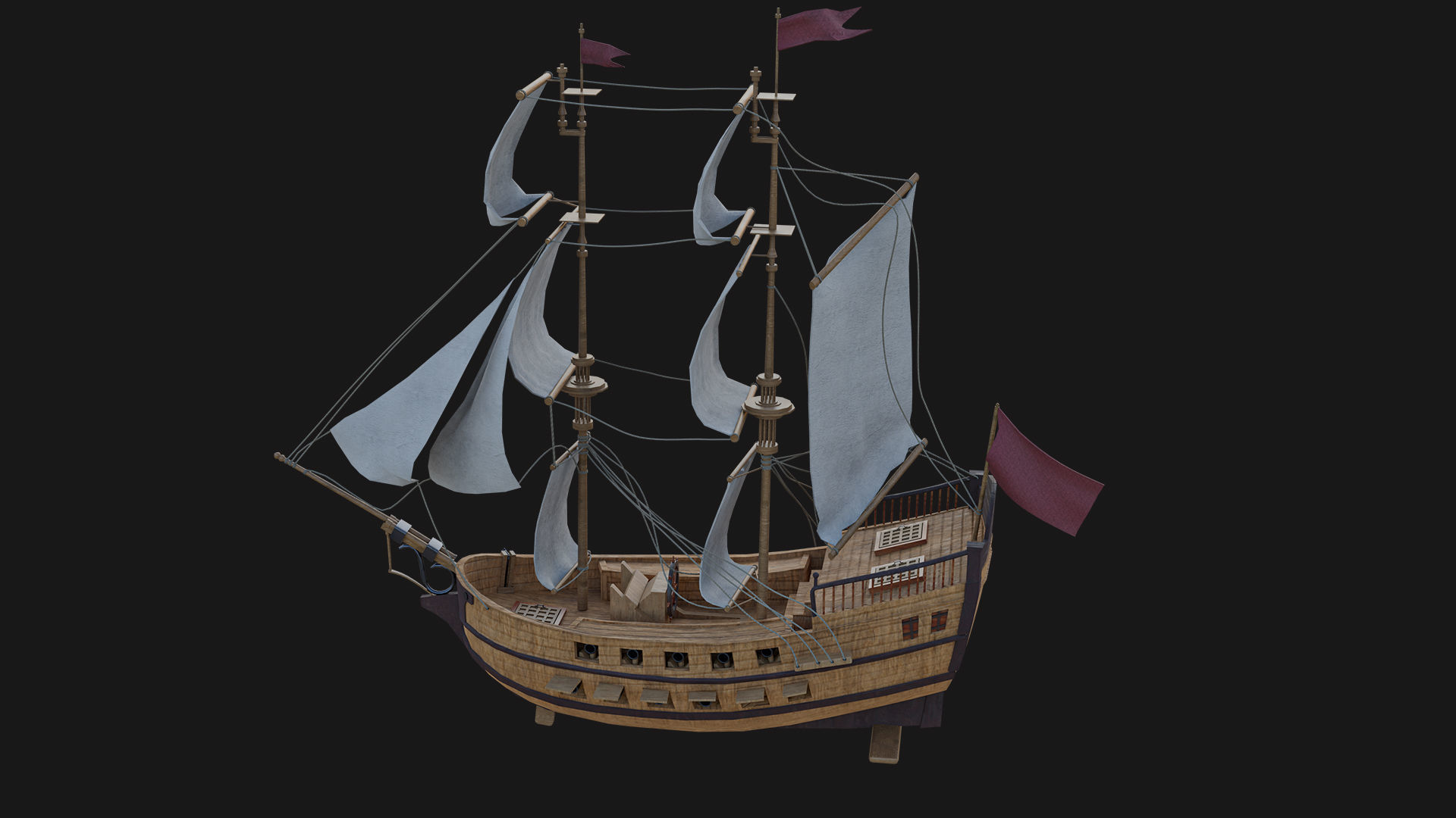 Sail Ship with Canon Animated Low-poly 3D model_5