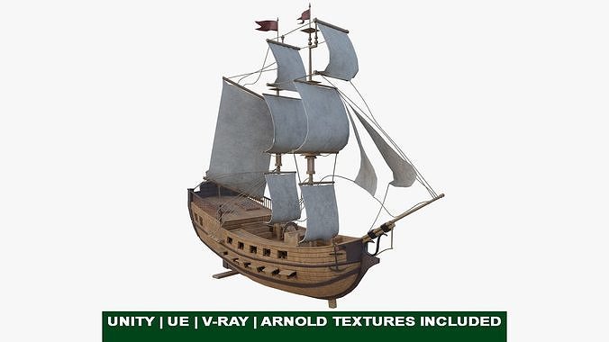 Sail Ship with Canon Animated Low-poly 3D model