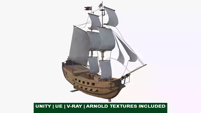 Sail Ship with Canon Animated Low-poly 3D model