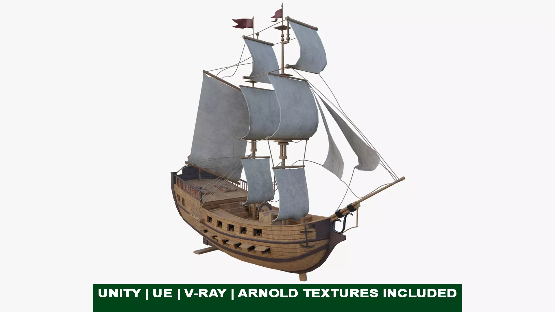 Sail Ship with Canon Animated Low-poly 3D model_0