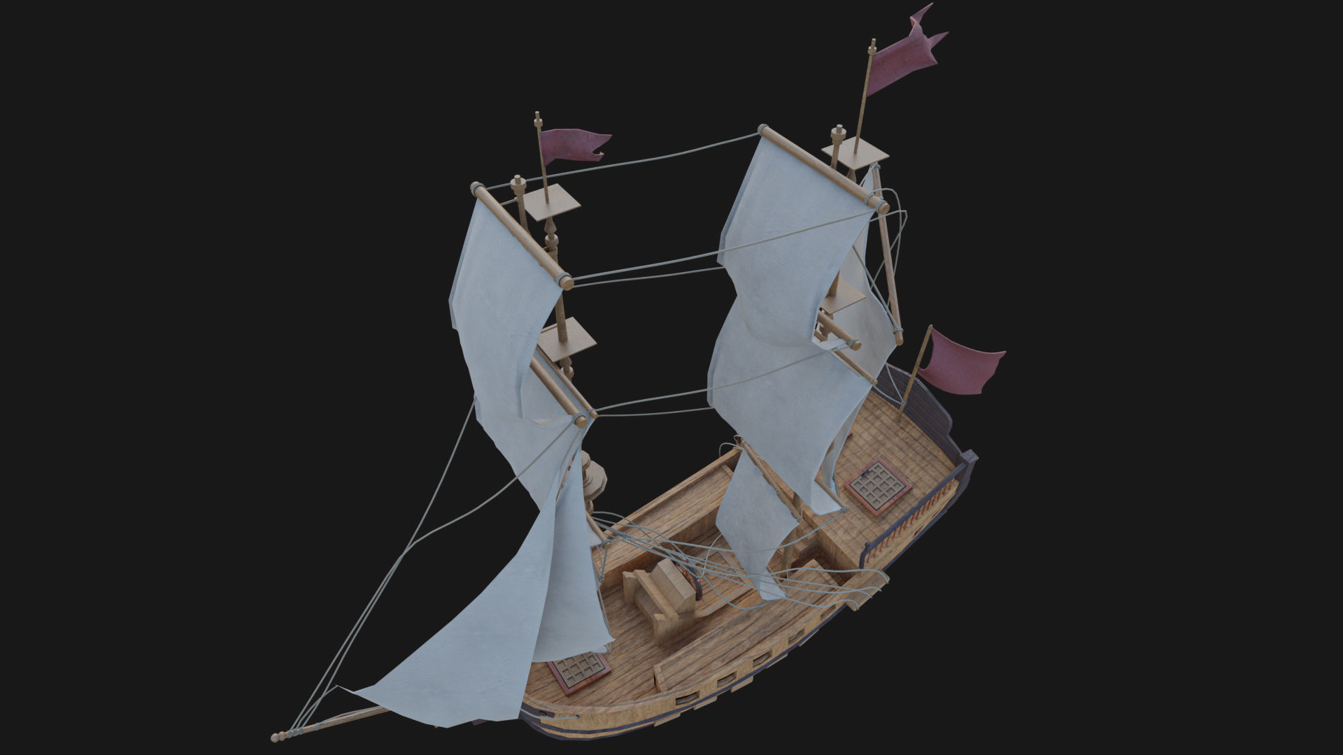 Sail Ship with Canon Animated Low-poly 3D model_11