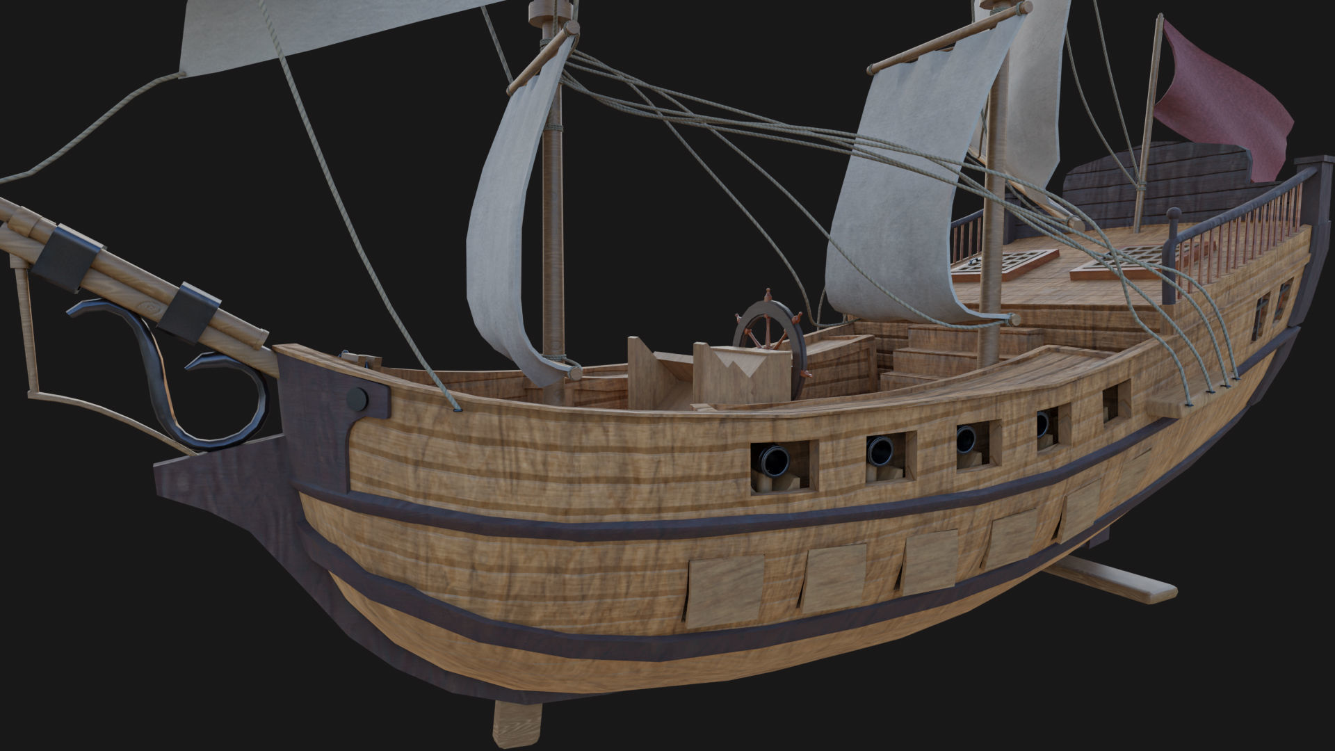 Sail Ship with Canon Animated Low-poly 3D model_6